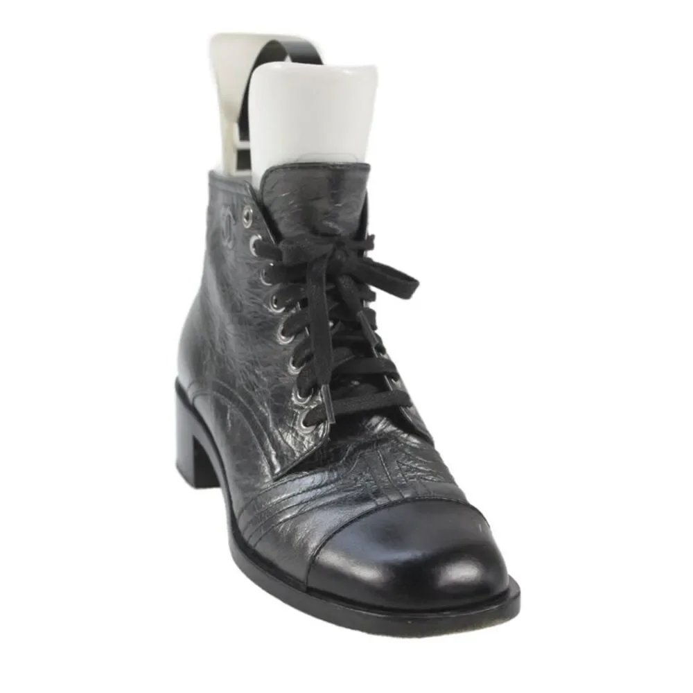 Chanel Leather Metallic Lace Up Ankle Boots Silver Size 6